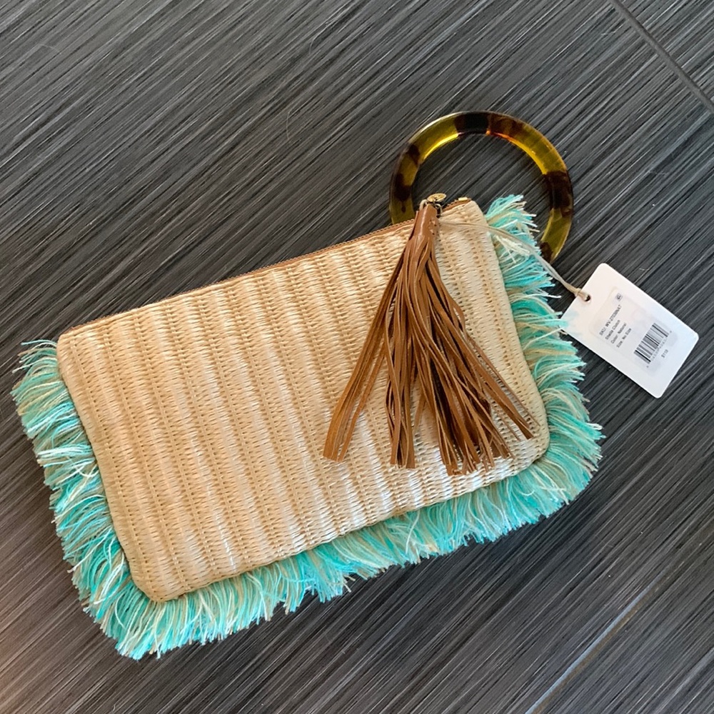 HOBO Straw Wristlet Clutch with Turquoise Fringe and Tortoiseshell Handle